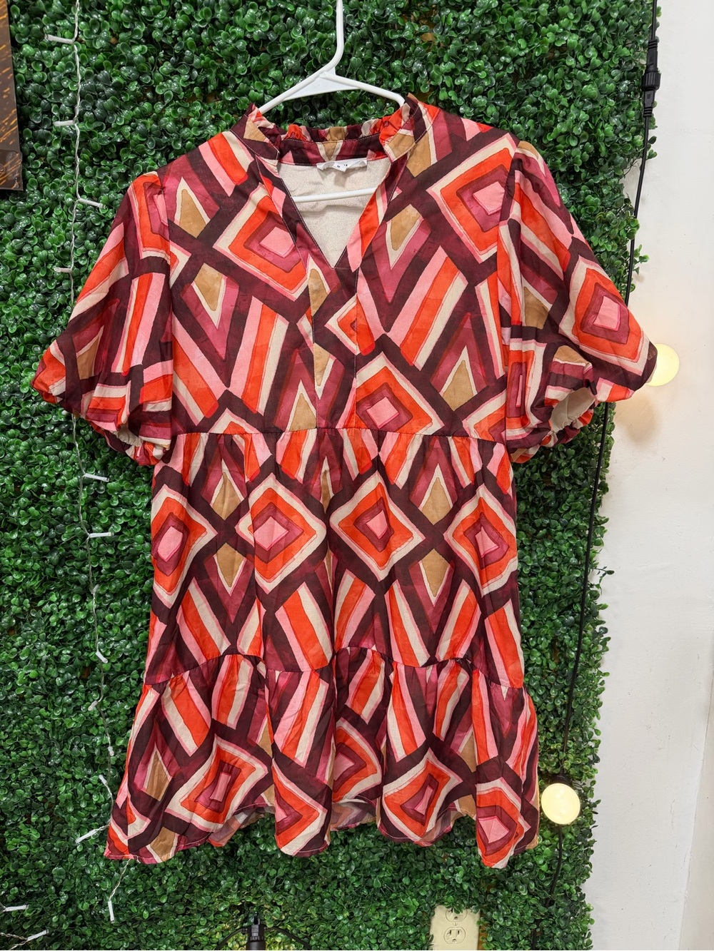 THML Geometric Tiered Tunic - Red, Pink, Brown